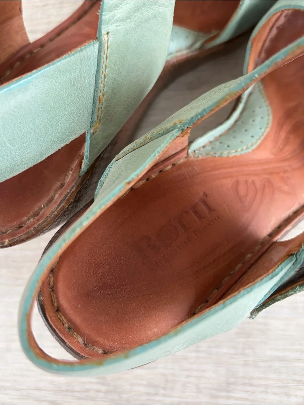 Born teal Wedge leather Sandals Basket weave heel women’s 8 Teal Blue Boho Beach